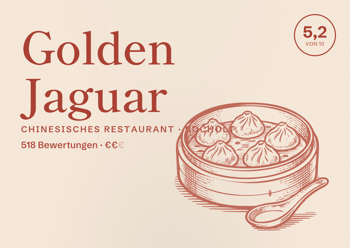 Illustriertes Poster von Golden Jaguar, Chinesisches Restaurant in Bocholt: Gästebewertung 5,2 von 10 aus 518 Bewertungen