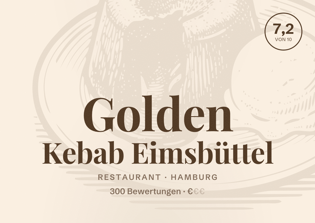 Illustriertes Poster von Golden Kebab Eimsbüttel, Restaurant in Hamburg: Bewertung 7,2 von 10 aus 300 Bewertungen, Preisniveau €