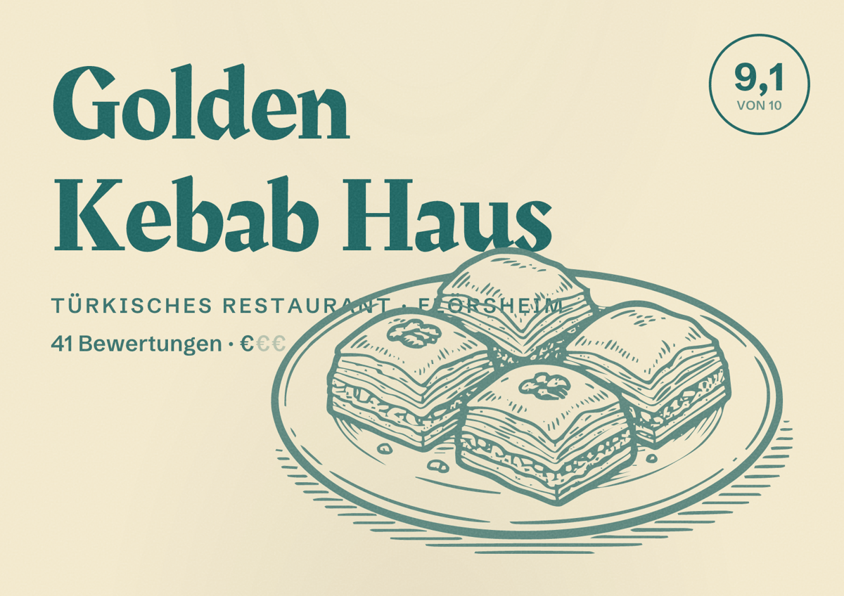 Illustriertes Poster von Golden Kebab Haus, Türkisches Restaurant in Flörsheim: Bewertung 9,1 von 10 aus 41 Bewertungen, Preisniveau €