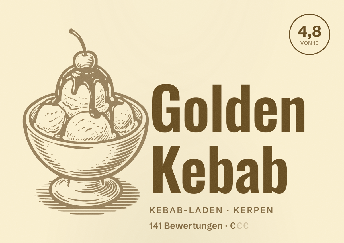 Illustriertes Poster von Golden Kebab, Kebab-Laden in Kerpen: Bewertung 4,8 von 10 aus 141 Bewertungen, Preisniveau €