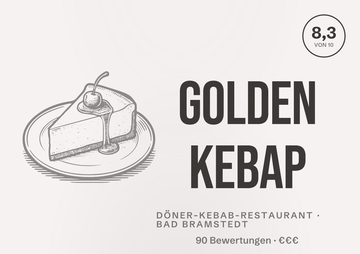 Illustriertes Poster von Golden Kebap, Döner-Kebab-Restaurant in Bad Bramstedt: Bewertung 8,3 von 10 aus 90 Bewertungen, Preisniveau €€€