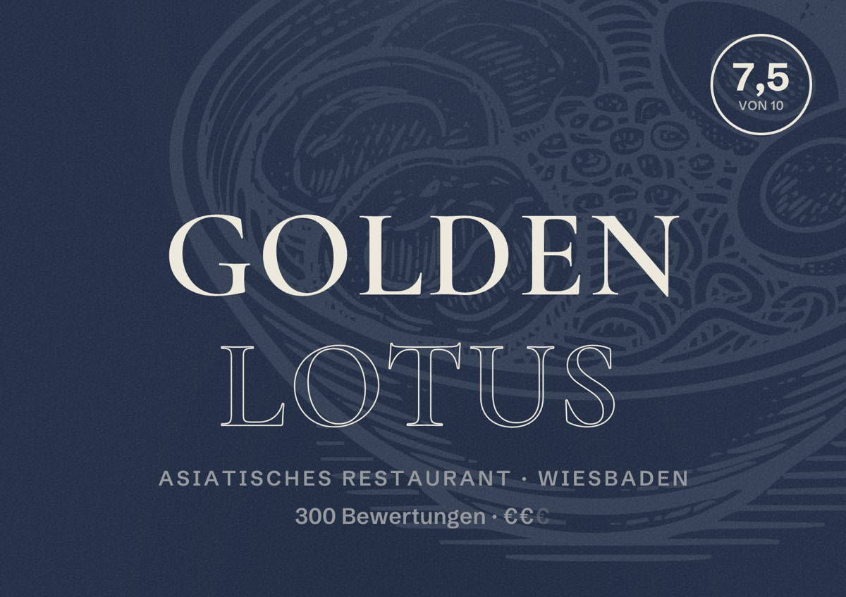 Illustriertes Poster von Golden Lotus, Asiatisches Restaurant in Wiesbaden: Bewertung 7,5 von 10 aus 300 Bewertungen, Preisniveau €€