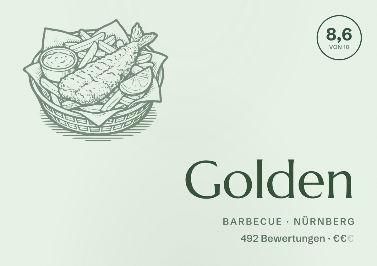 Illustriertes Poster von Golden, Barbecue in Nürnberg: Bewertung 8,6 von 10 aus 492 Bewertungen, Preisniveau €€