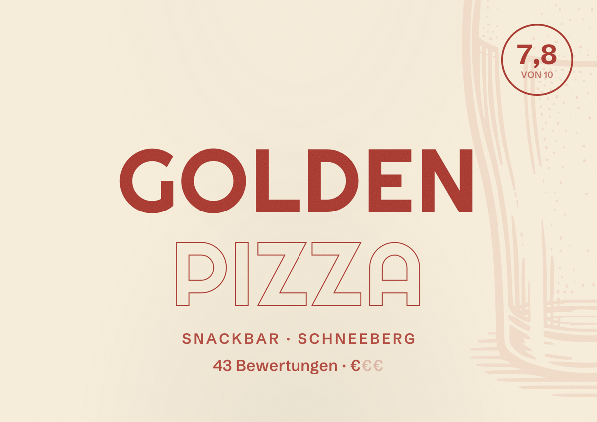 Illustriertes Poster von Golden Pizza, Snackbar in Schneeberg: Bewertung 7,8 von 10 aus 43 Bewertungen, Preisniveau €