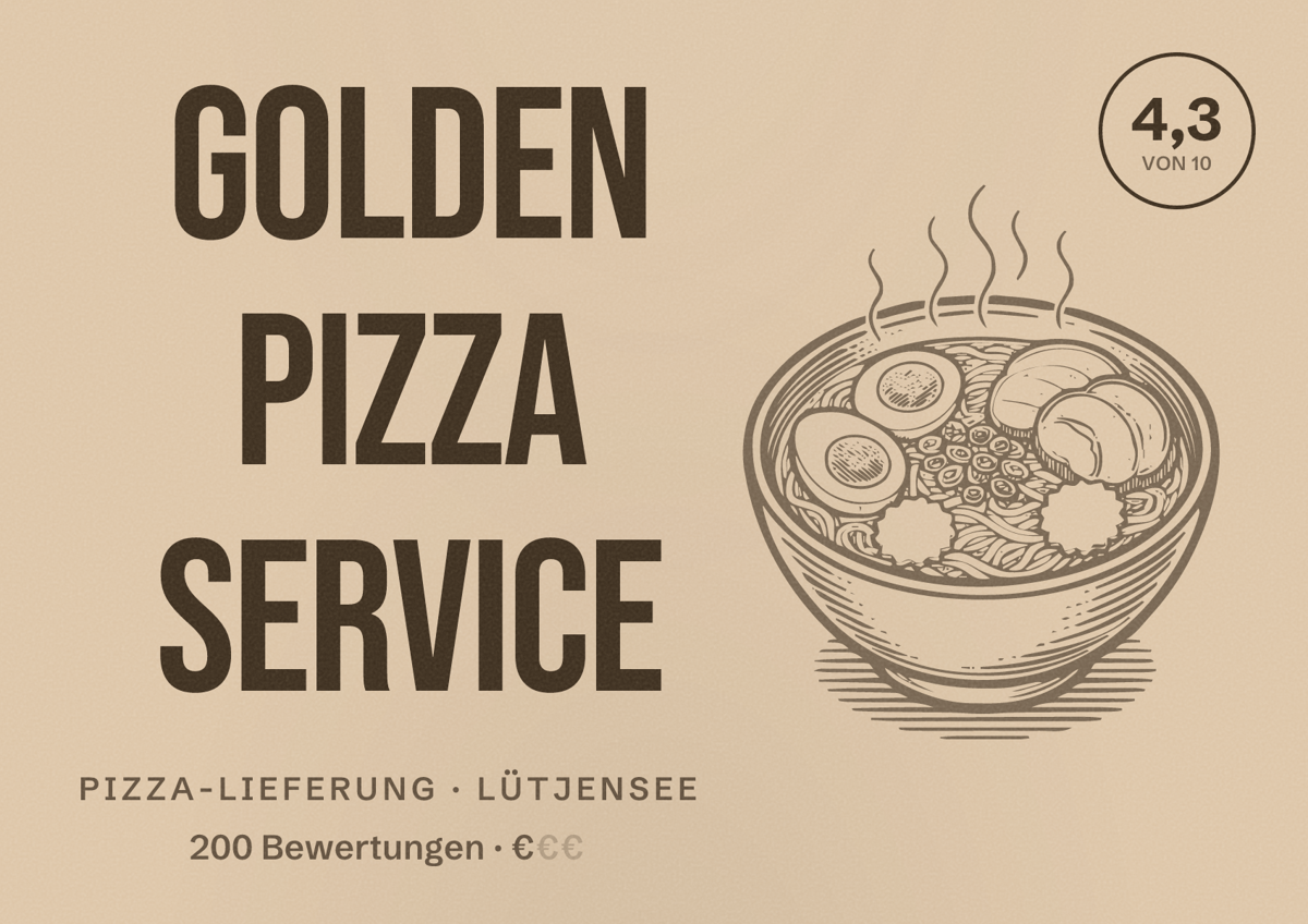 Illustriertes Poster von Golden Pizza Service, Pizza-Lieferung in Lütjensee: Bewertung 4,3 von 10 aus 200 Bewertungen, Preisniveau €