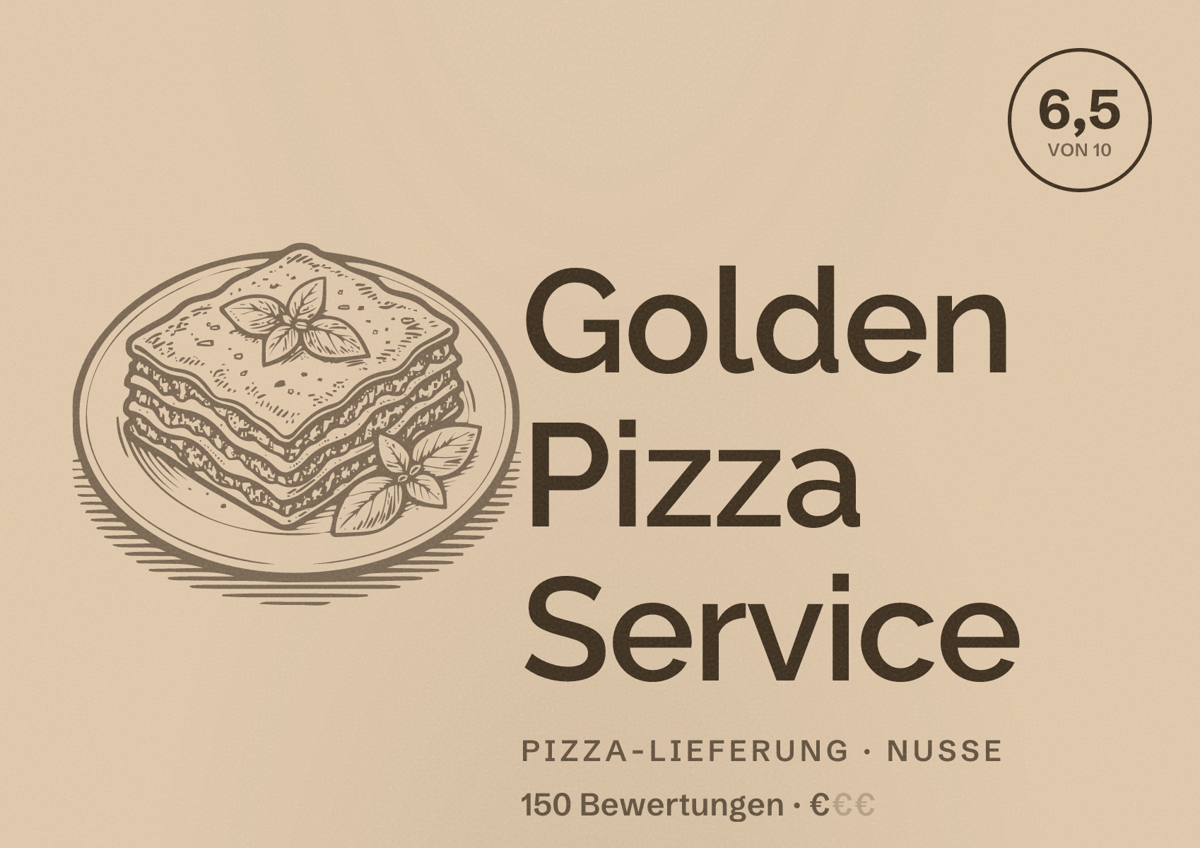 Illustriertes Poster von Golden Pizza Service, Pizza-Lieferung in Nusse: Bewertung 6,5 von 10 aus 150 Bewertungen, Preisniveau €