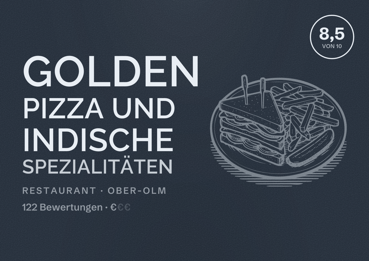 Illustriertes Poster von Golden Pizza und Indische Spezialitäten, Restaurant in Ober-Olm: Bewertung 8,5 von 10 aus 122 Bewertungen, Preisniveau €