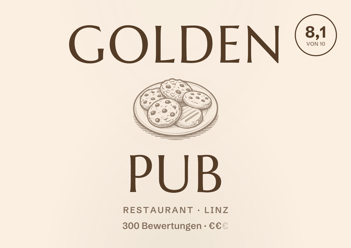 Illustriertes Poster von Golden Pub, Restaurant in Linz: Bewertung 8,1 von 10 aus 300 Bewertungen, Preisniveau €€