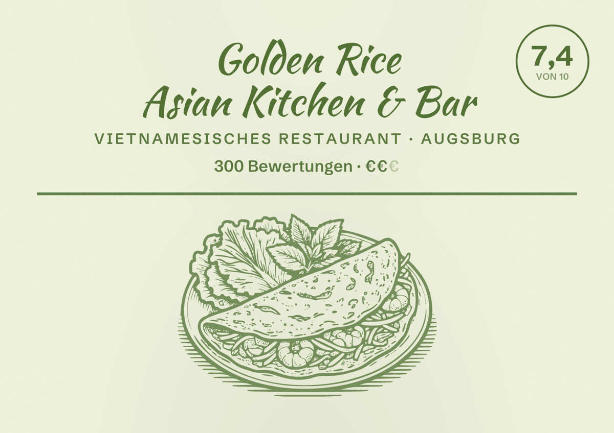 Illustriertes Poster von Golden Rice Asian Kitchen & Bar, Vietnamesisches Restaurant in Augsburg: Bewertung 7,4 von 10 aus 300 Bewertungen, Preisniveau €€