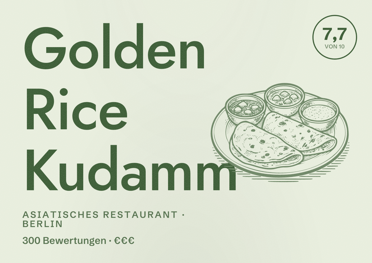 Illustriertes Poster von Golden Rice Kudamm, Asiatisches Restaurant in Berlin: Bewertung 7,7 von 10 aus 300 Bewertungen, Preisniveau €€€