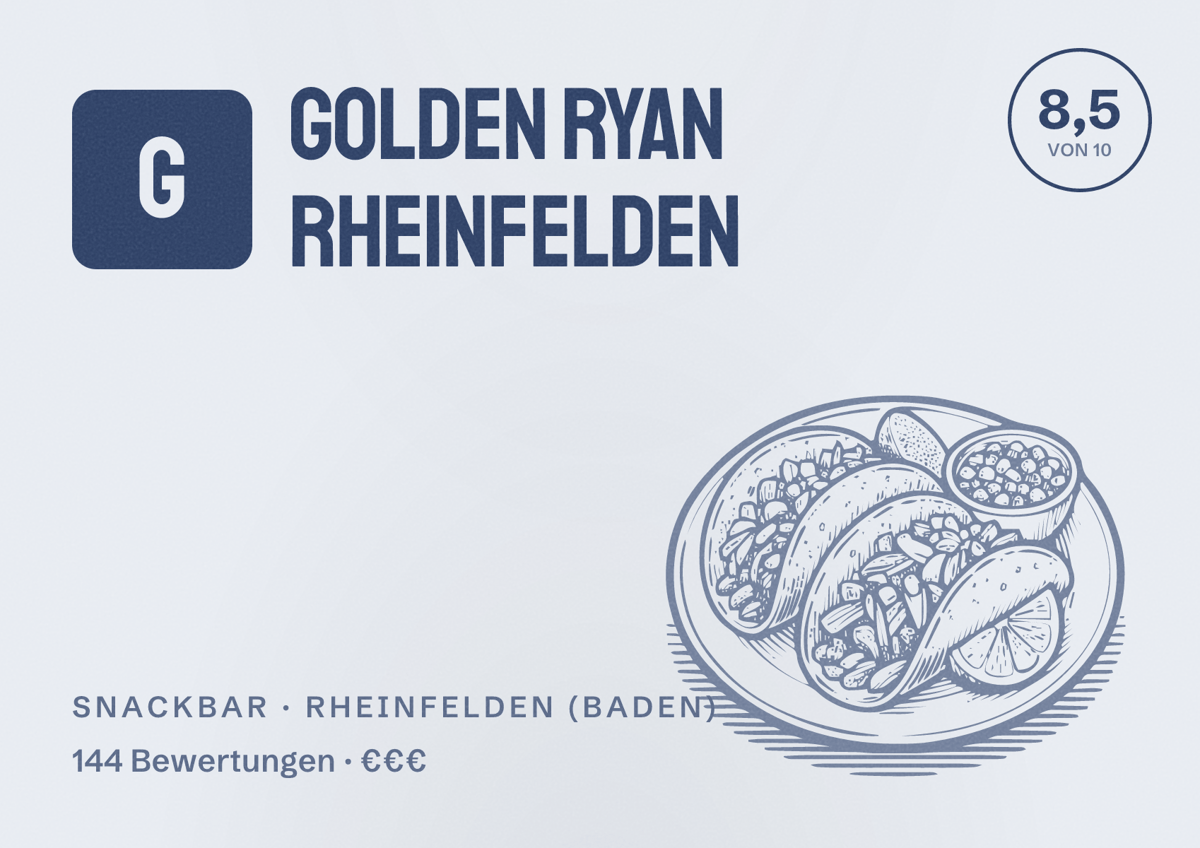 Illustriertes Poster von Golden Ryan Rheinfelden, Snackbar in Rheinfelden (Baden): Bewertung 8,5 von 10 aus 144 Bewertungen, Preisniveau €€€
