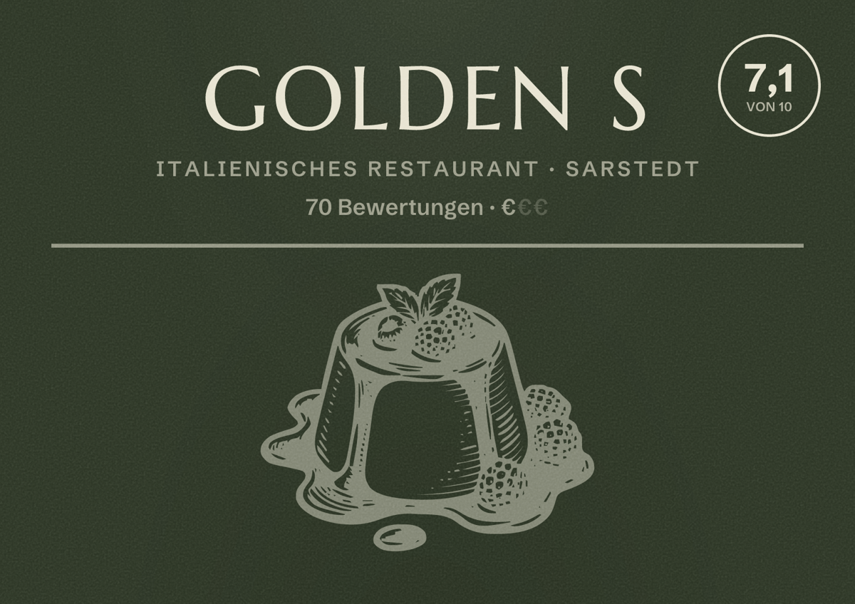 Illustriertes Poster von Golden S, Italienisches Restaurant in Sarstedt: Bewertung 7,1 von 10 aus 70 Bewertungen, Preisniveau €