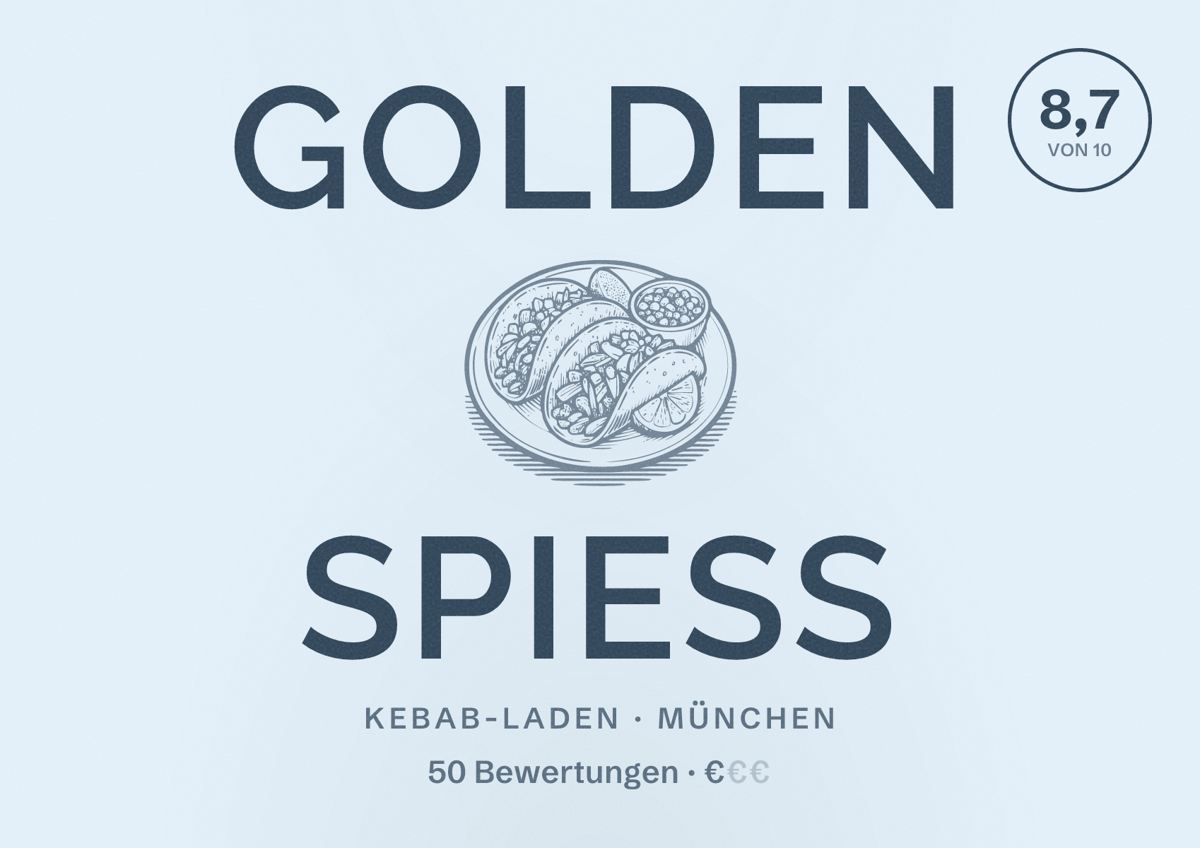 Illustriertes Poster von Golden Spiess, Kebab-Laden in München: Bewertung 8,7 von 10 aus 50 Bewertungen, Preisniveau €