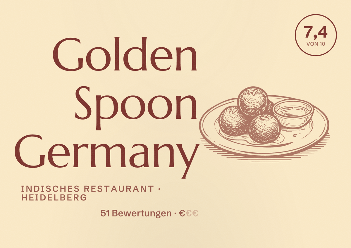 Illustriertes Poster von Golden Spoon Germany, Indisches Restaurant in Heidelberg: Bewertung 7,4 von 10 aus 51 Bewertungen, Preisniveau €