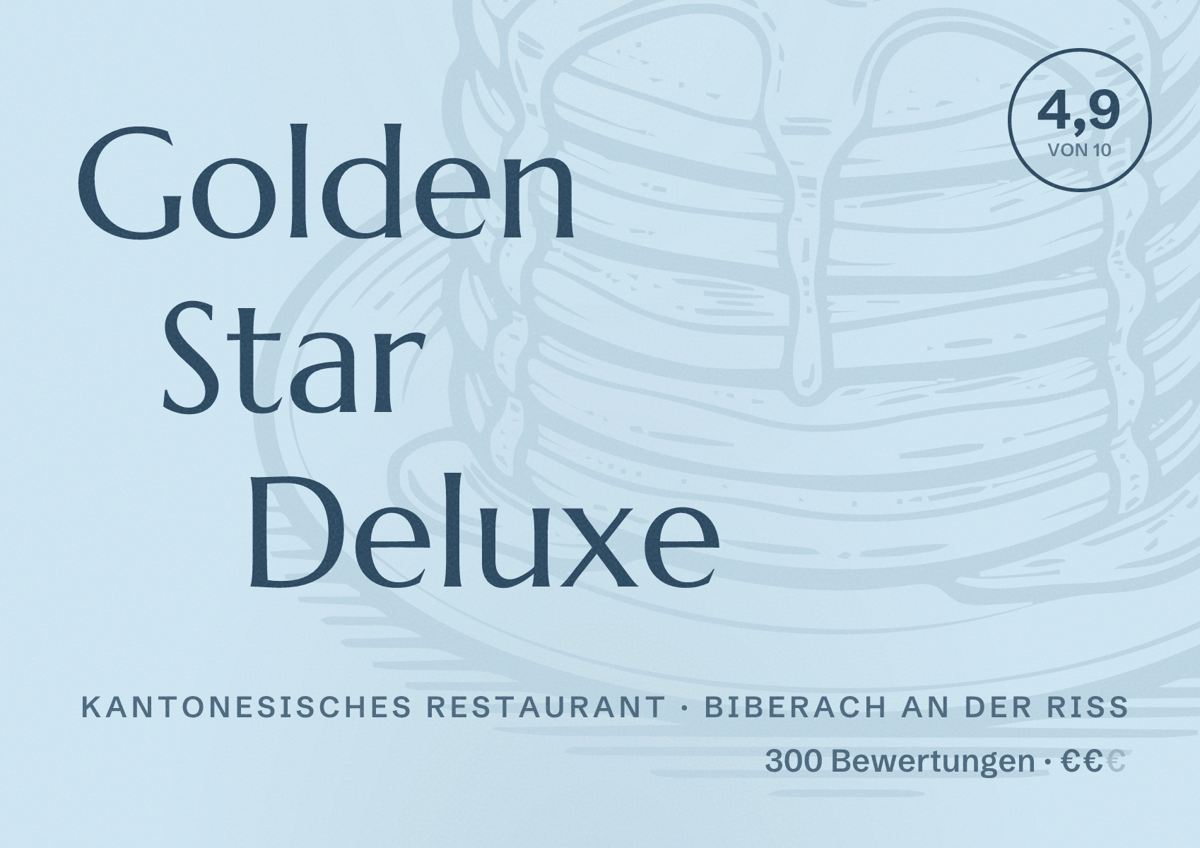 Illustriertes Poster von Golden Star Deluxe, Kantonesisches Restaurant in Biberach an der Riß: Bewertung 4,9 von 10 aus 300 Bewertungen, Preisniveau €€