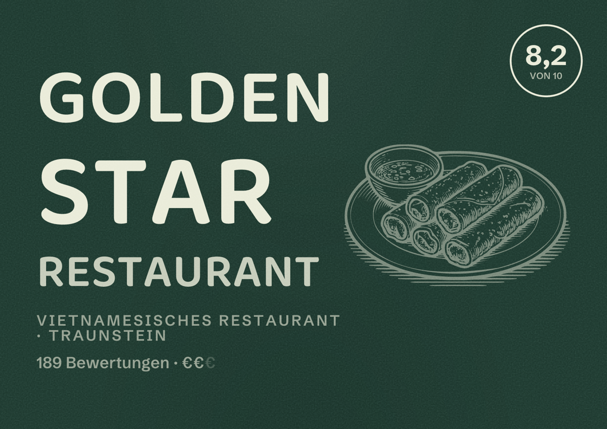 Illustriertes Poster von Golden Star Restaurant, Vietnamesisches Restaurant in Traunstein: Bewertung 8,2 von 10 aus 189 Bewertungen, Preisniveau €€