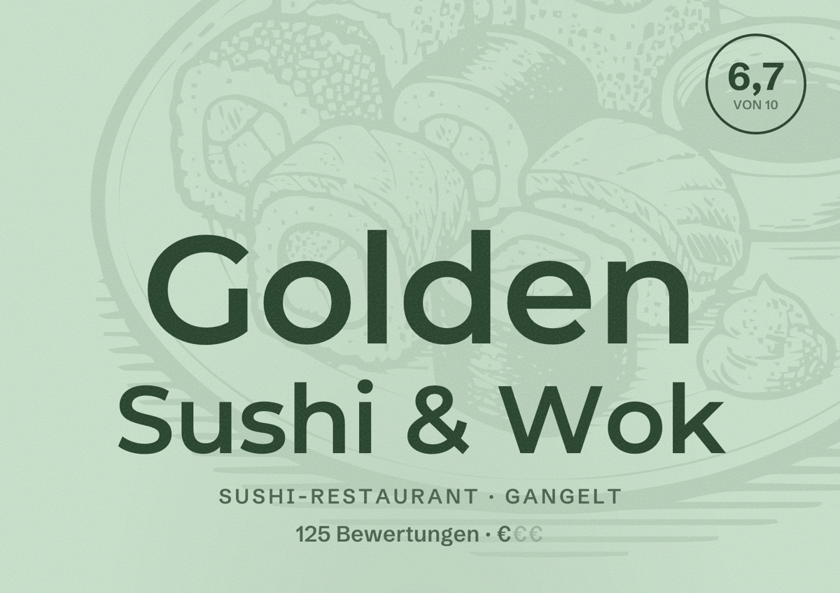 Illustriertes Poster von Golden Sushi & Wok, Sushi-Restaurant in Gangelt: Bewertung 6,7 von 10 aus 125 Bewertungen, Preisniveau €
