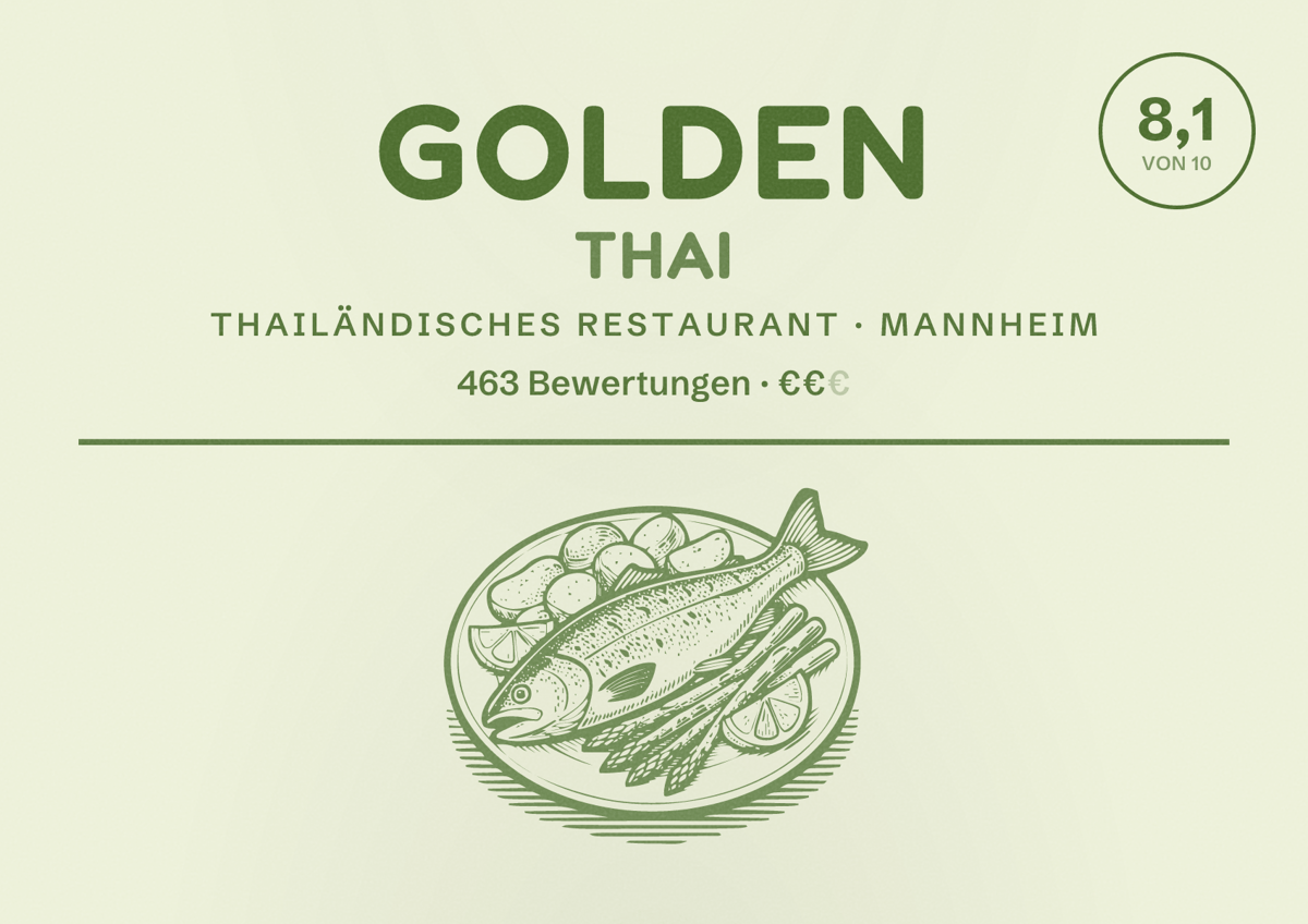 Illustriertes Poster von Golden Thai, Thailändisches Restaurant in Mannheim: Bewertung 8,1 von 10 aus 463 Bewertungen, Preisniveau €€
