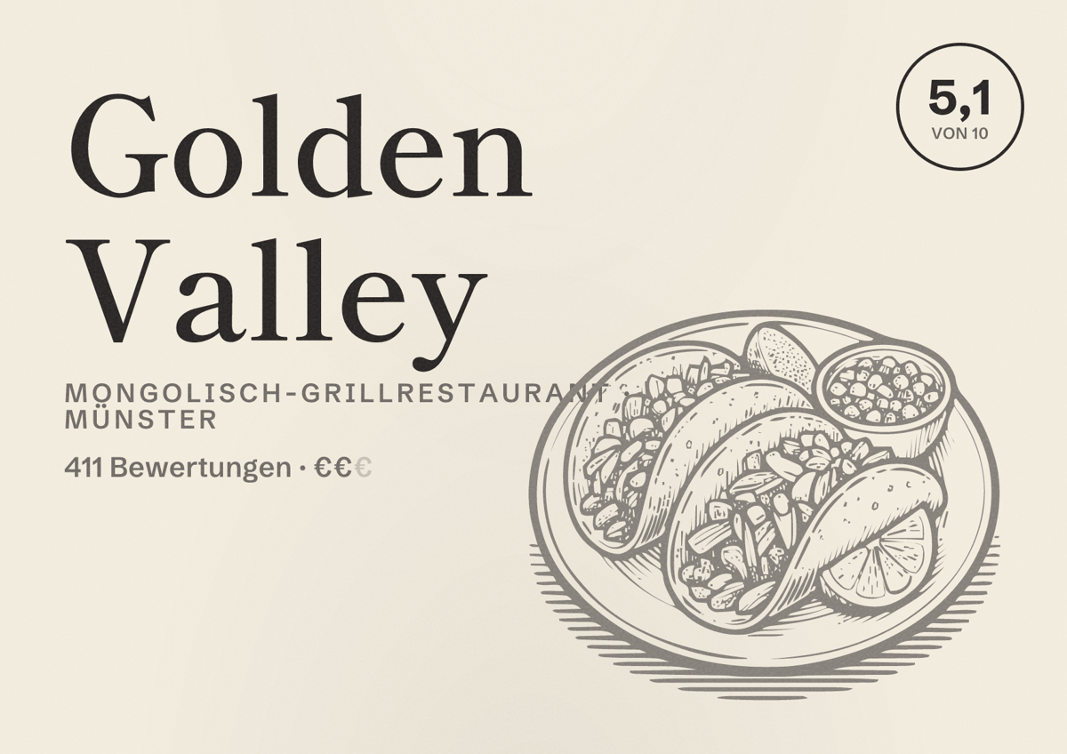 Illustriertes Poster von Golden Valley, Mongolisch-Grillrestaurant in Münster: Bewertung 5,1 von 10 aus 411 Bewertungen, Preisniveau €€