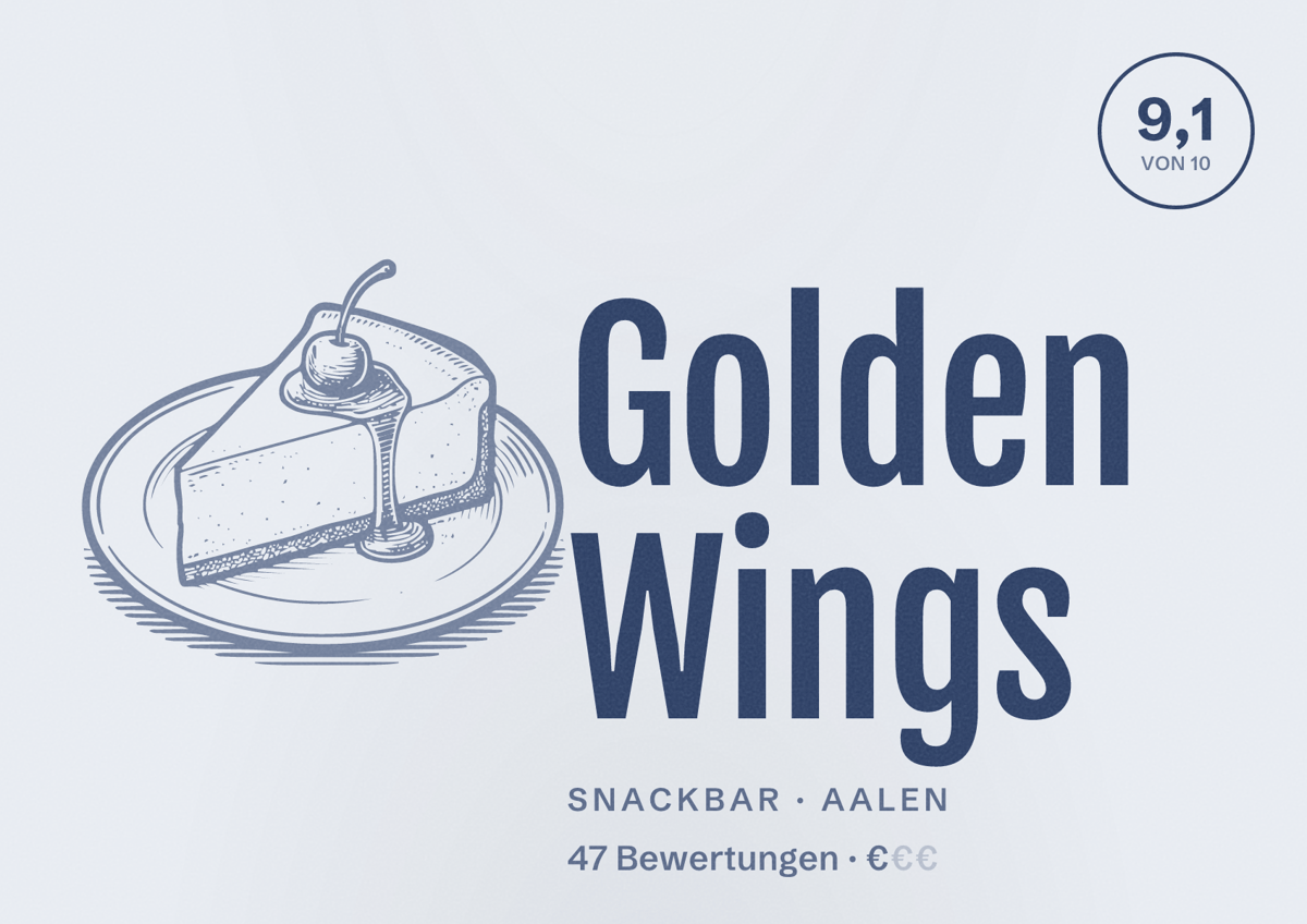 Illustriertes Poster von Golden Wings, Snackbar in Aalen: Bewertung 9,1 von 10 aus 47 Bewertungen, Preisniveau €