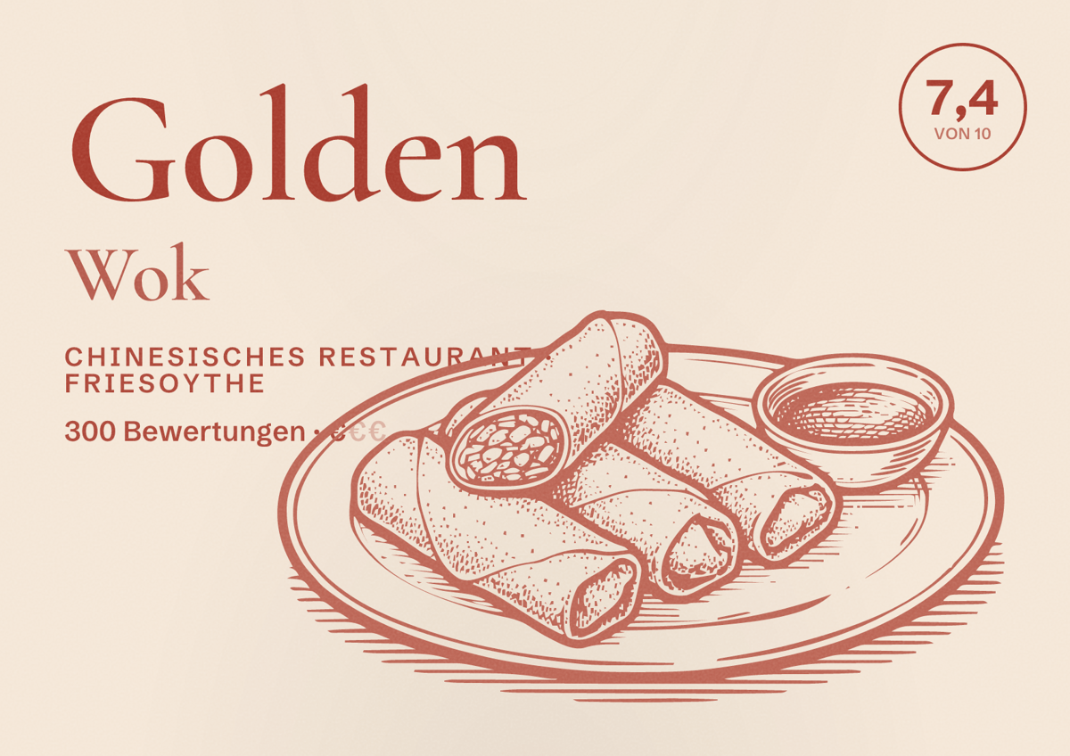Illustriertes Poster von Golden Wok, Chinesisches Restaurant in Friesoythe: Bewertung 7,4 von 10 aus 300 Bewertungen, Preisniveau €
