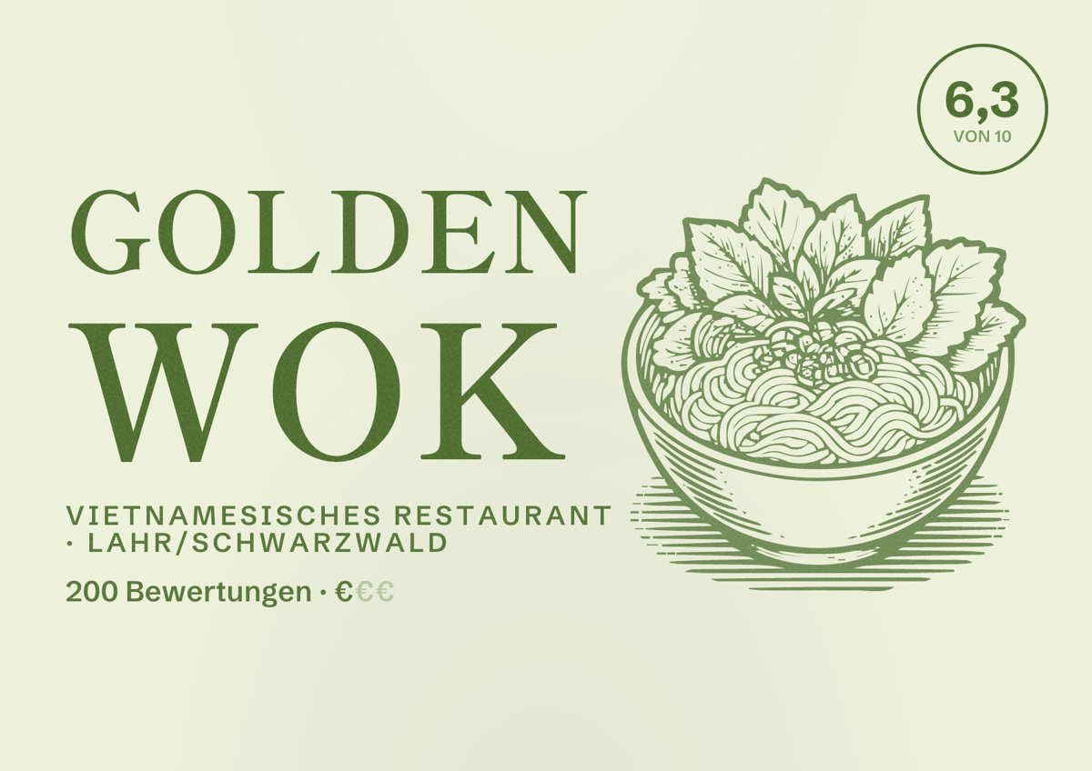 Illustriertes Poster von Golden Wok, Vietnamesisches Restaurant in Lahr/Schwarzwald: Bewertung 6,3 von 10 aus 200 Bewertungen, Preisniveau €