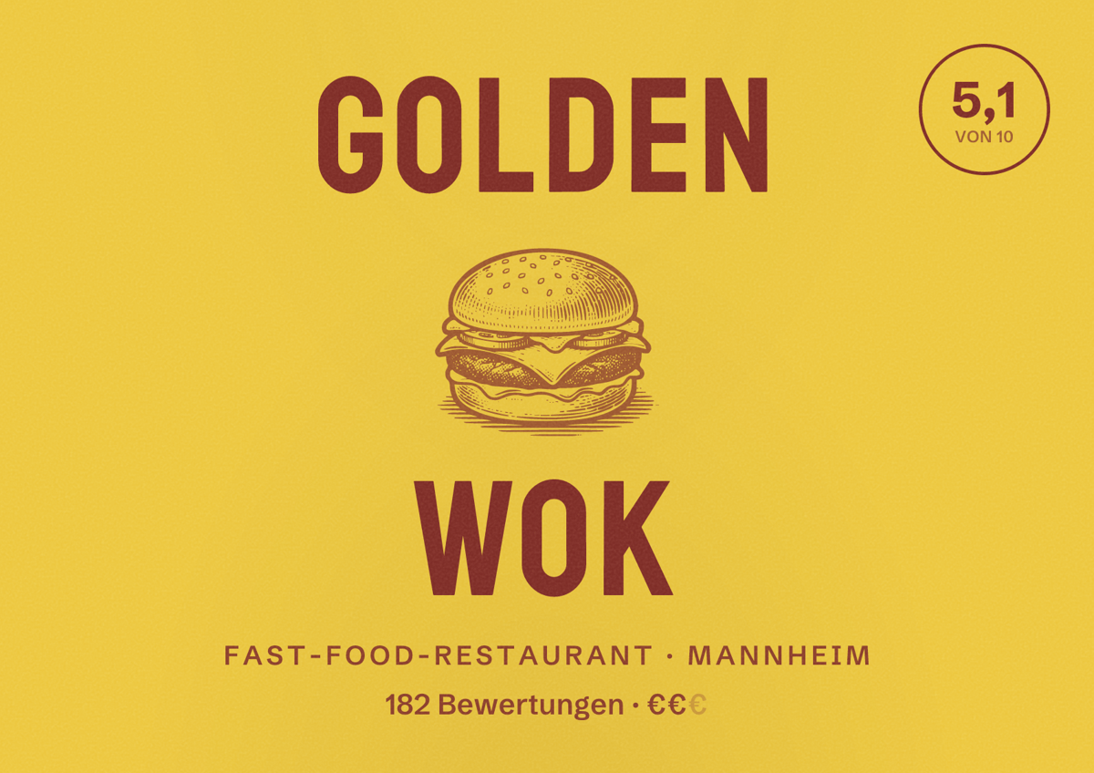Illustriertes Poster von Golden Wok, Fast-Food-Restaurant in Mannheim: Bewertung 5,1 von 10 aus 182 Bewertungen, Preisniveau €€