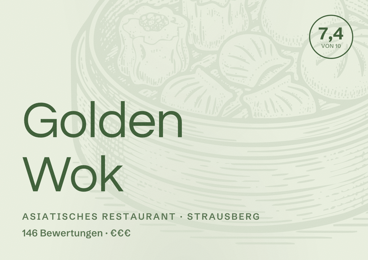 Illustriertes Poster von Golden Wok, Asiatisches Restaurant in Strausberg: Bewertung 7,4 von 10 aus 146 Bewertungen, Preisniveau €€€