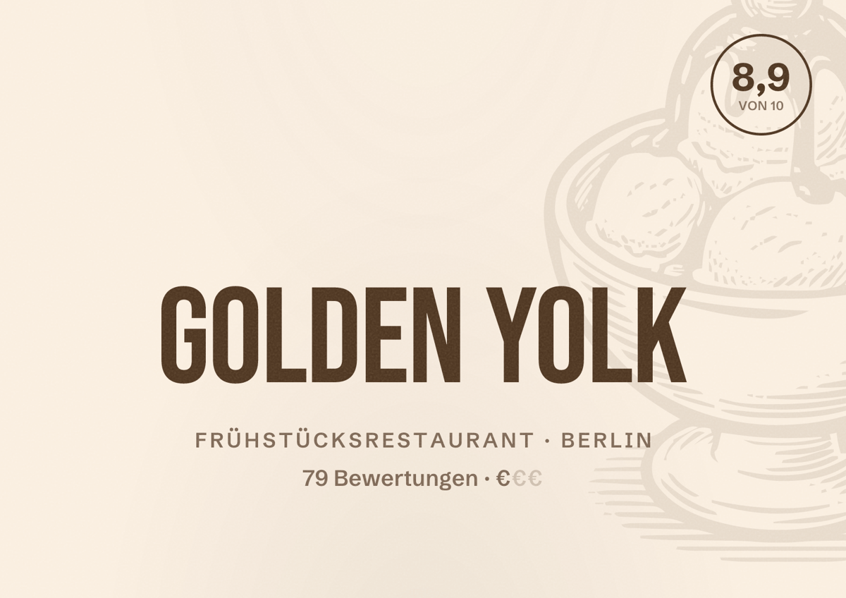 Illustriertes Poster von Golden Yolk, Frühstücksrestaurant in Berlin: Bewertung 8,9 von 10 aus 79 Bewertungen, Preisniveau €