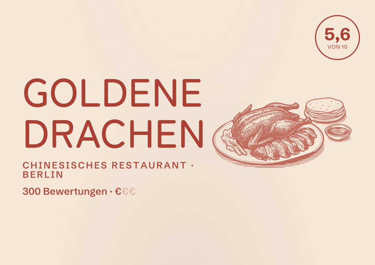 Illustriertes Poster von Goldene Drachen, Chinesisches Restaurant in Berlin: Bewertung 5,6 von 10 aus 300 Bewertungen, Preisniveau €