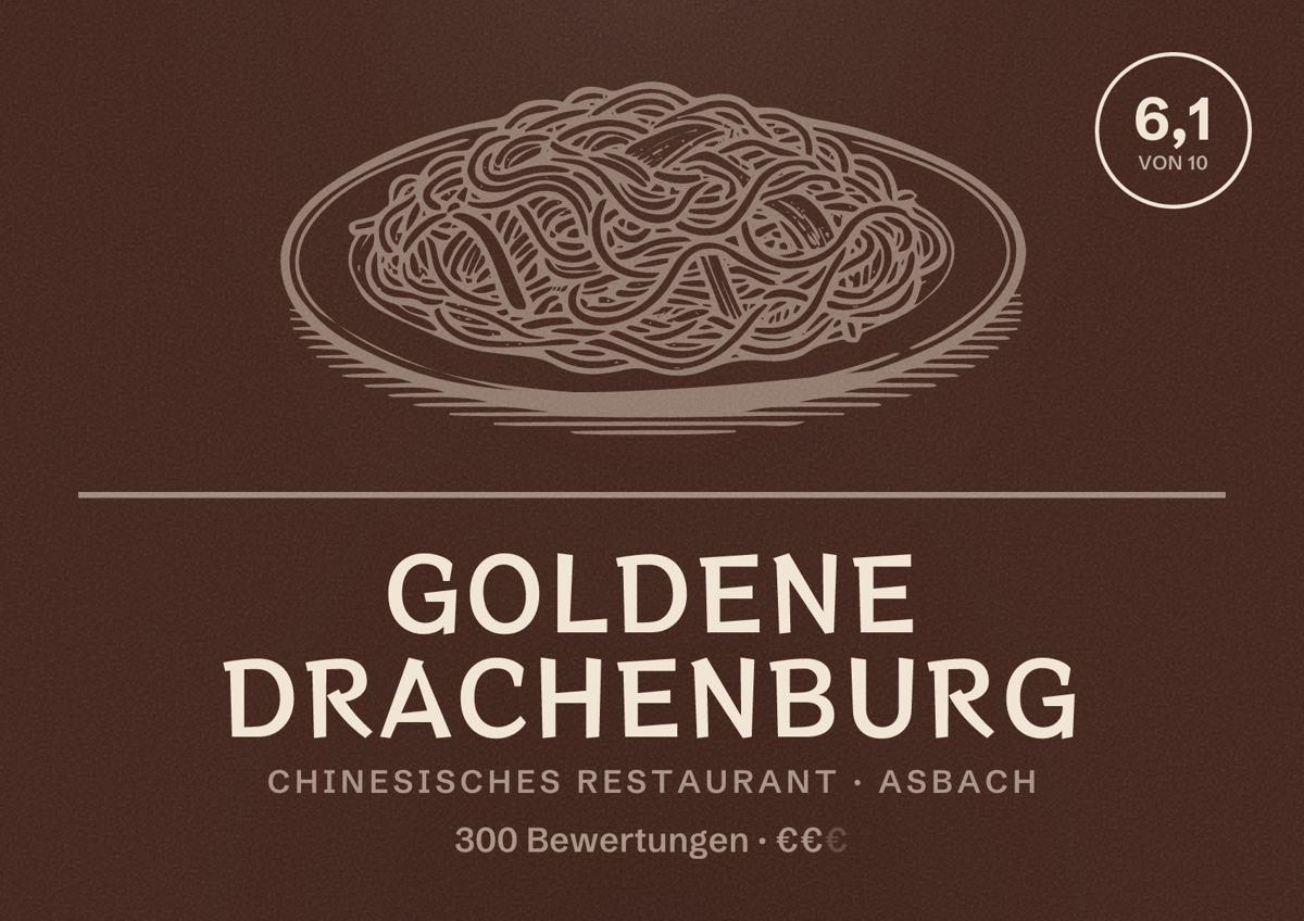 Illustriertes Poster von Goldene Drachenburg, Chinesisches Restaurant in Asbach: Bewertung 6,1 von 10 aus 300 Bewertungen, Preisniveau €€