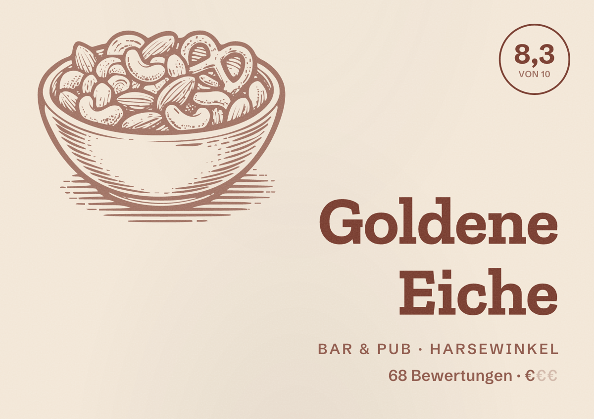 Illustriertes Poster von Goldene Eiche, Bar & Pub in Harsewinkel: Bewertung 8,3 von 10 aus 68 Bewertungen, Preisniveau €