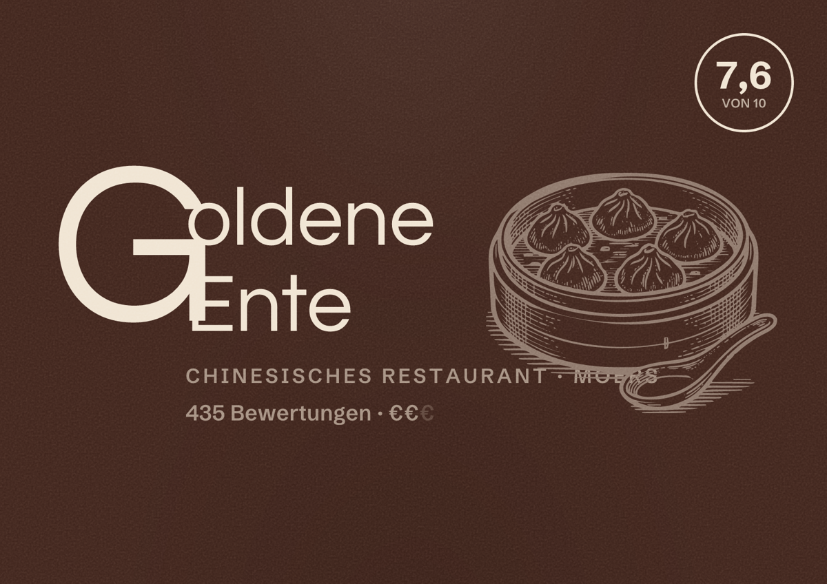 Illustriertes Poster von Goldene Ente, Chinesisches Restaurant in Moers: Bewertung 7,6 von 10 aus 435 Bewertungen, Preisniveau €€