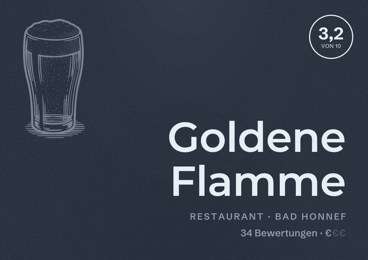 Illustriertes Poster von Goldene Flamme, Restaurant in Bad Honnef: Bewertung 3,2 von 10 aus 34 Bewertungen, Preisniveau €