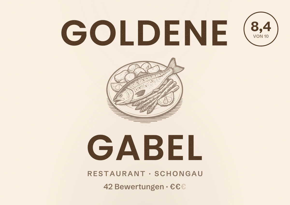 Illustriertes Poster von Goldene Gabel, Restaurant in Schongau: Bewertung 8,4 von 10 aus 42 Bewertungen, Preisniveau €€
