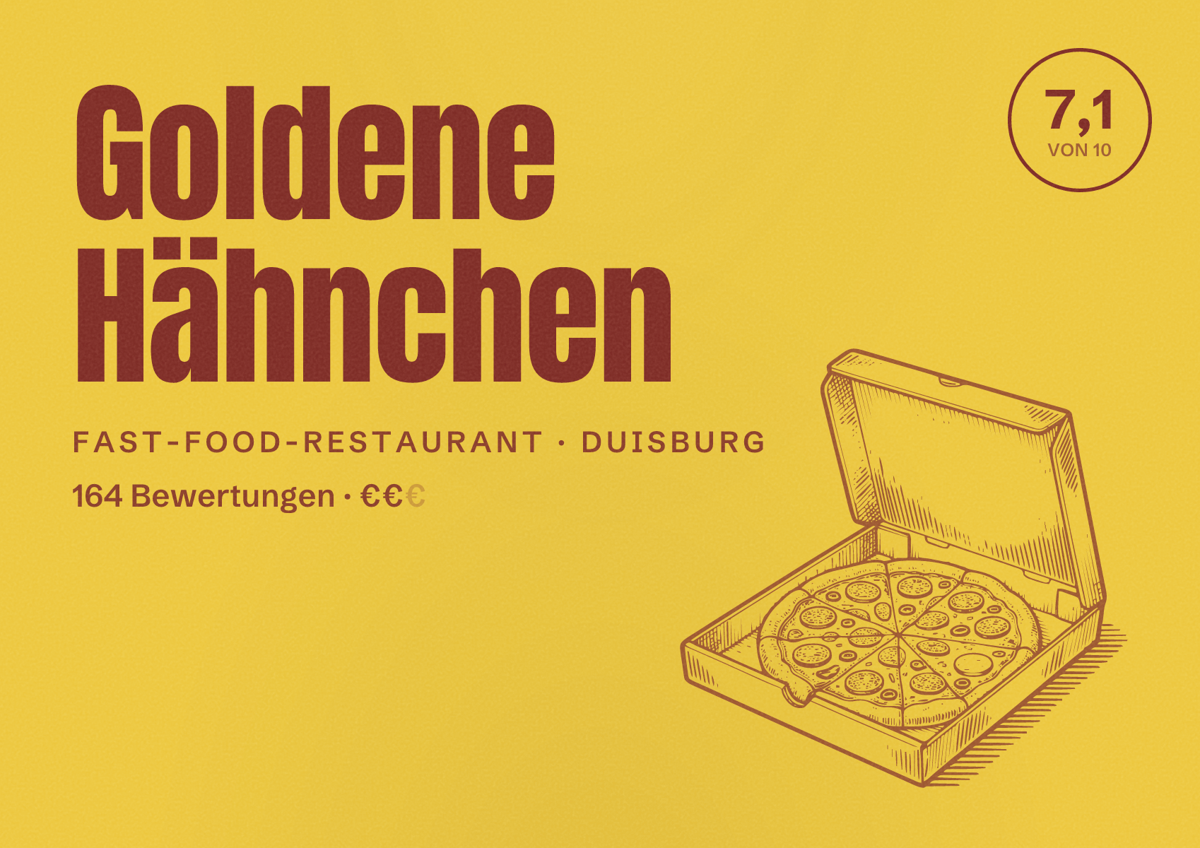 Illustriertes Poster von Goldene Hähnchen, Fast-Food-Restaurant in Duisburg: Gästebewertung 7,1 von 10 aus 164 Bewertungen