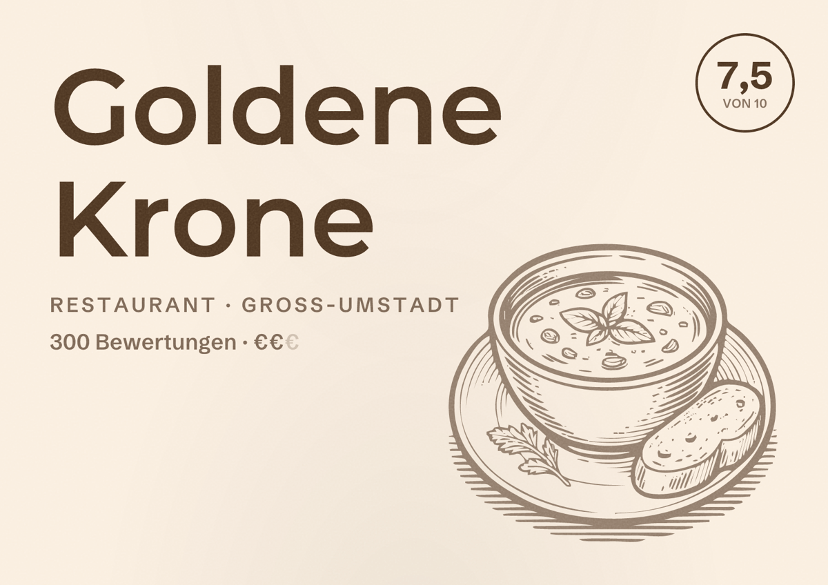 Illustriertes Poster von Goldene Krone, Restaurant in Groß-Umstadt: Bewertung 7,5 von 10 aus 300 Bewertungen, Preisniveau €€
