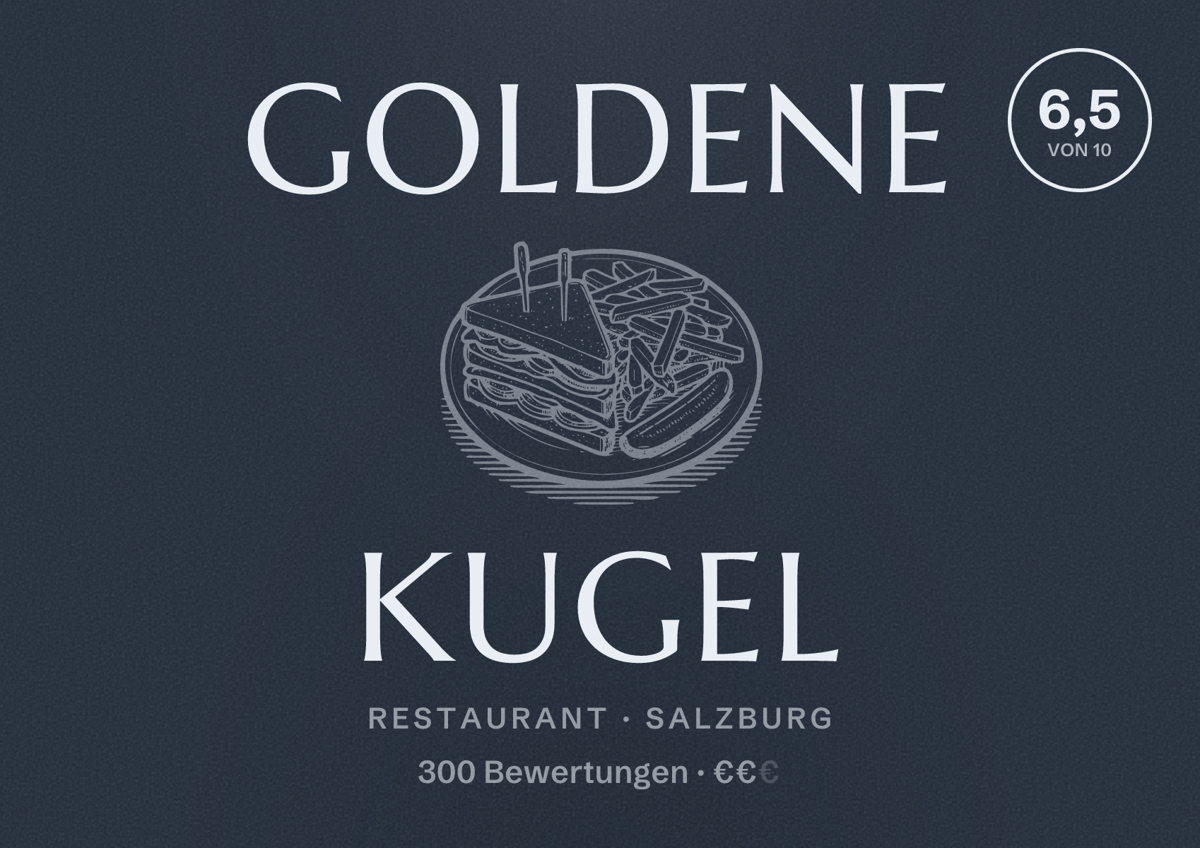 Illustriertes Poster von Goldene Kugel, Restaurant in Salzburg: Bewertung 6,5 von 10 aus 300 Bewertungen, Preisniveau €€