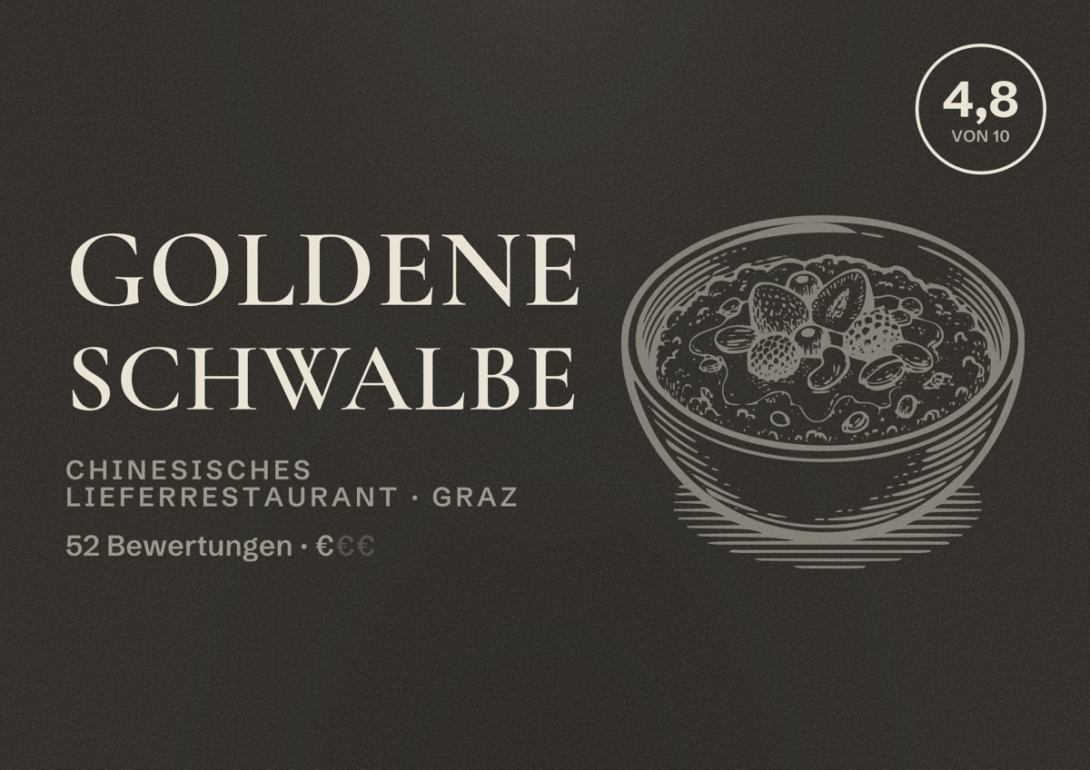 Illustriertes Poster von Goldene Schwalbe, Chinesisches Lieferrestaurant in Graz: Bewertung 4,8 von 10 aus 52 Bewertungen, Preisniveau €