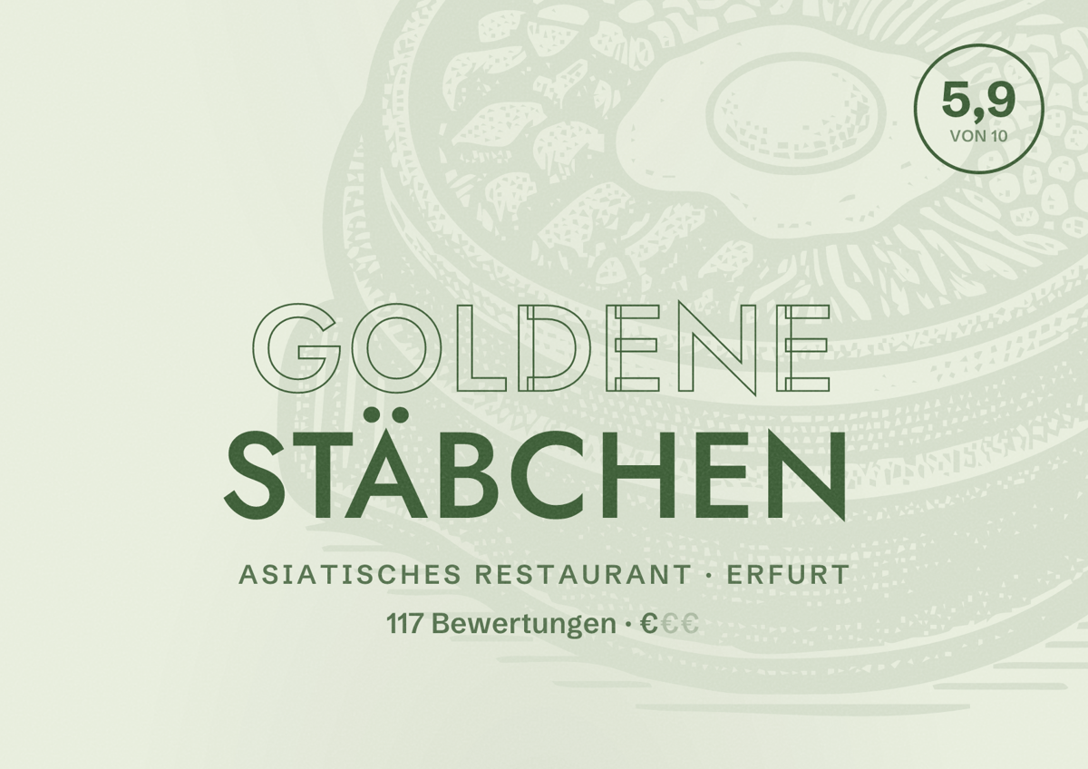 Illustriertes Poster von Goldene Stäbchen, Asiatisches Restaurant in Erfurt: Bewertung 5,9 von 10 aus 117 Bewertungen, Preisniveau €