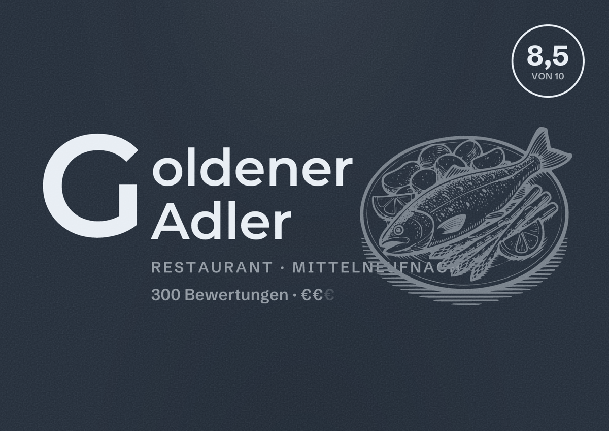 Illustriertes Poster von Goldener Adler, Restaurant in Mittelneufnach: Bewertung 8,5 von 10 aus 300 Bewertungen, Preisniveau €€