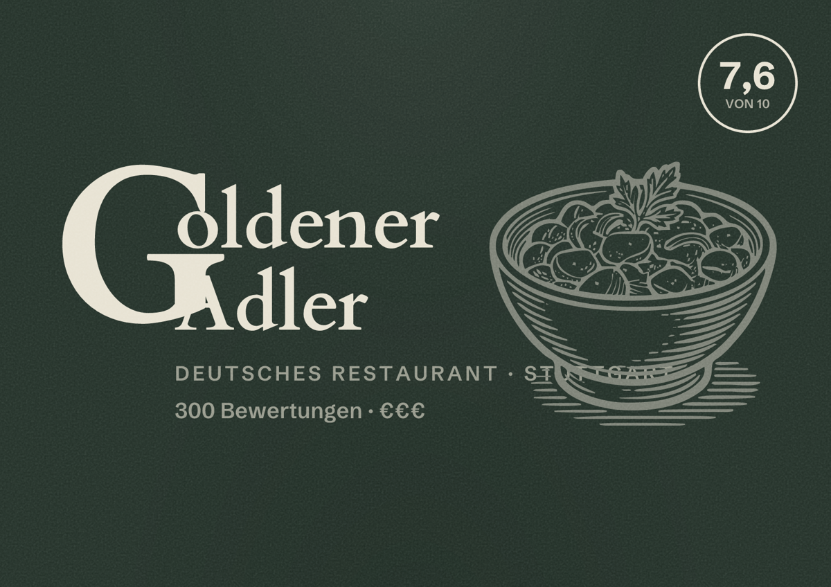 Illustriertes Poster von Goldener Adler, Deutsches Restaurant in Stuttgart: Bewertung 7,6 von 10 aus 300 Bewertungen, Preisniveau €€€