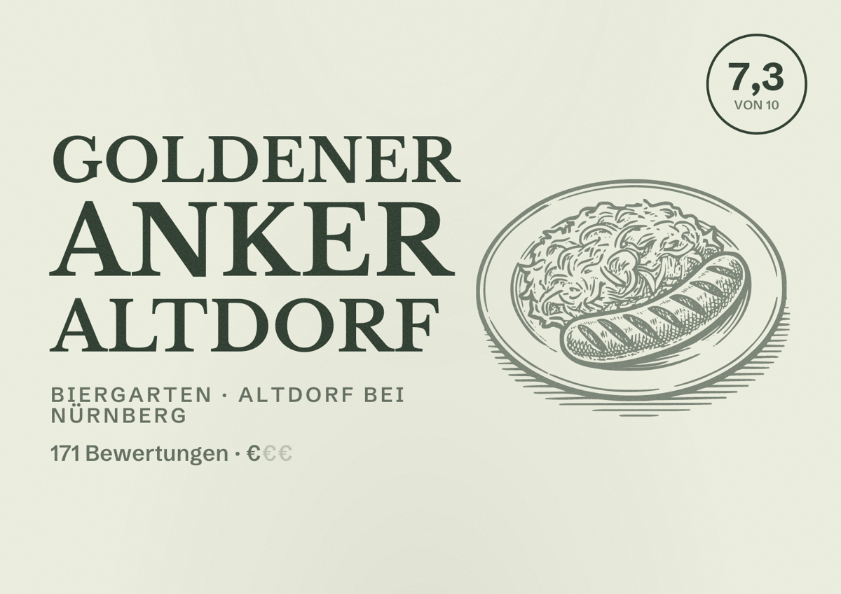 Illustriertes Poster von Goldener Anker Altdorf, Biergarten in Altdorf bei Nürnberg: Bewertung 7,3 von 10 aus 171 Bewertungen, Preisniveau €