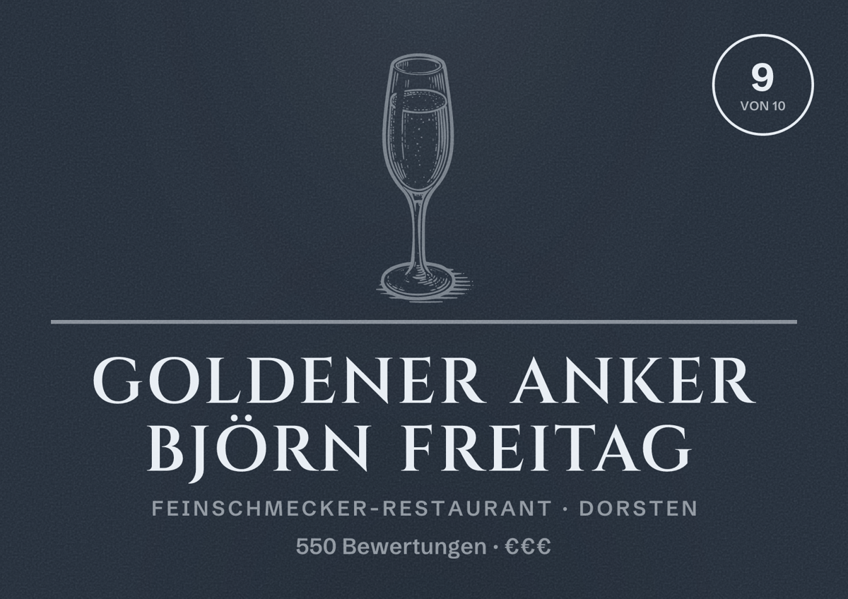 Illustriertes Poster von Goldener Anker Björn Freitag, Feinschmecker-Restaurant in Dorsten: Bewertung 9,0 von 10 aus 550 Bewertungen, Preisniveau €€€