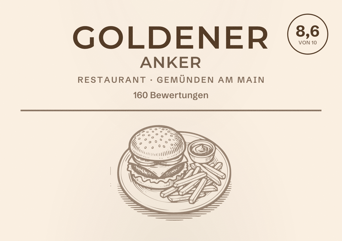 Illustriertes Poster von Goldener Anker, Restaurant in Gemünden am Main: Bewertung 8,6 von 10 aus 160 Bewertungen