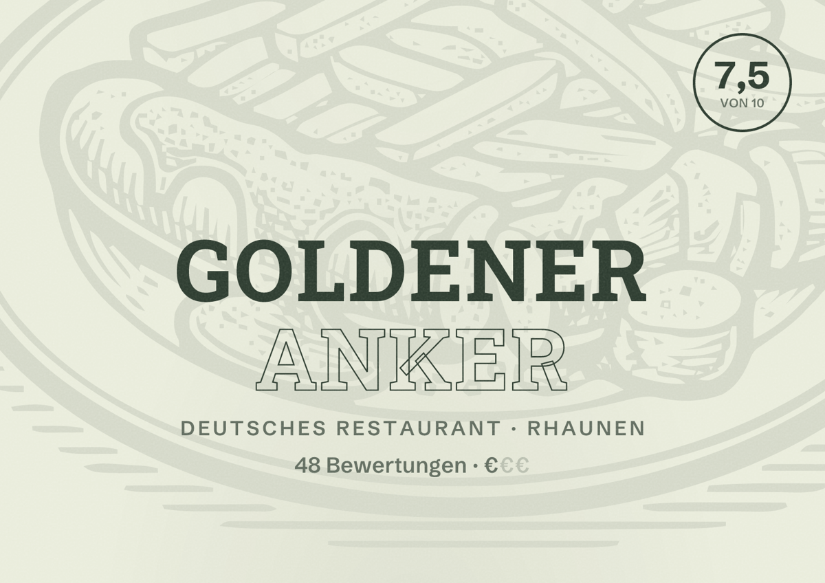 Illustriertes Poster von Goldener Anker, Deutsches Restaurant in Rhaunen: Bewertung 7,5 von 10 aus 48 Bewertungen, Preisniveau €