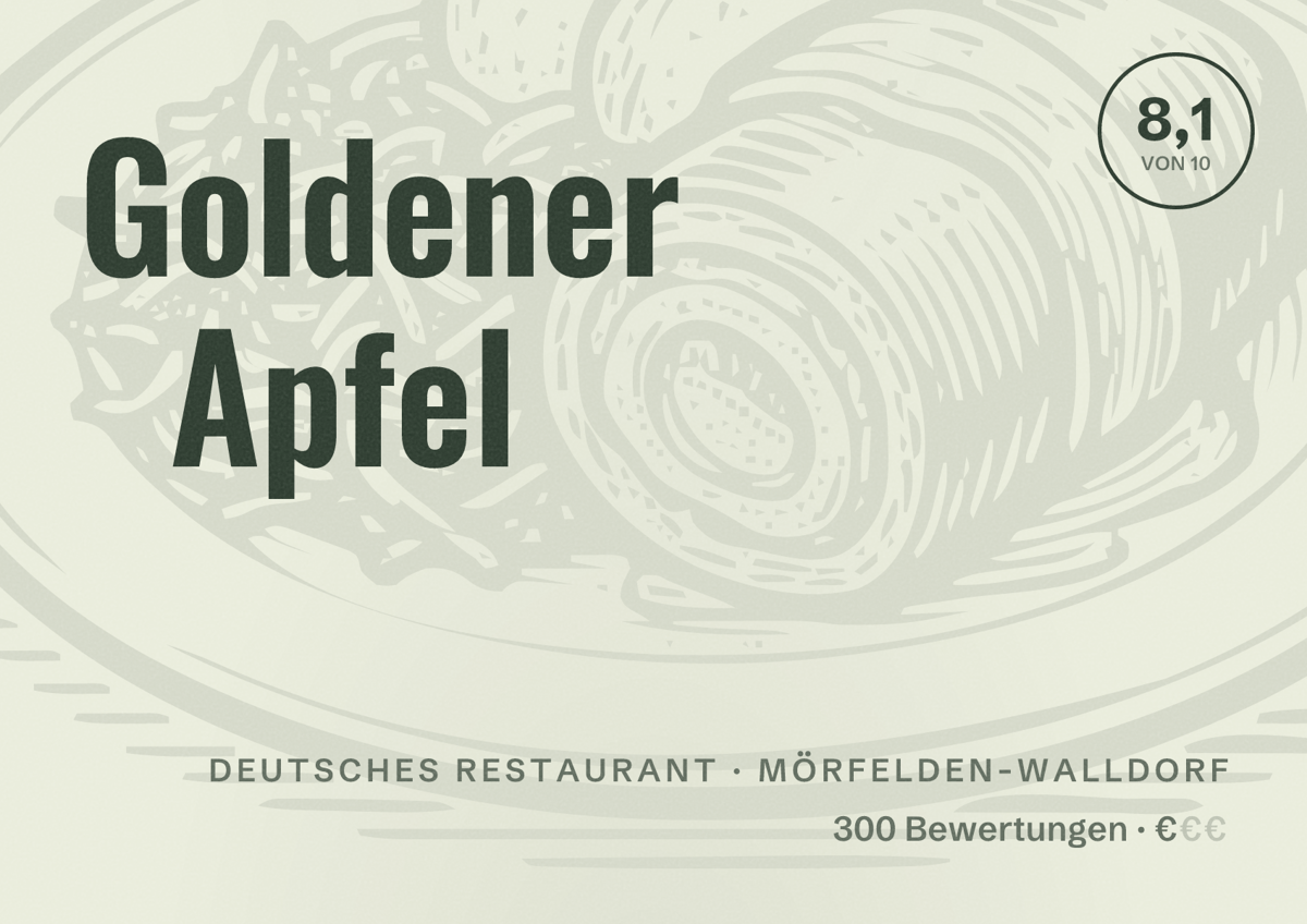 Illustriertes Poster von Goldener Apfel, Deutsches Restaurant in Mörfelden-Walldorf: Bewertung 8,1 von 10 aus 300 Bewertungen, Preisniveau €