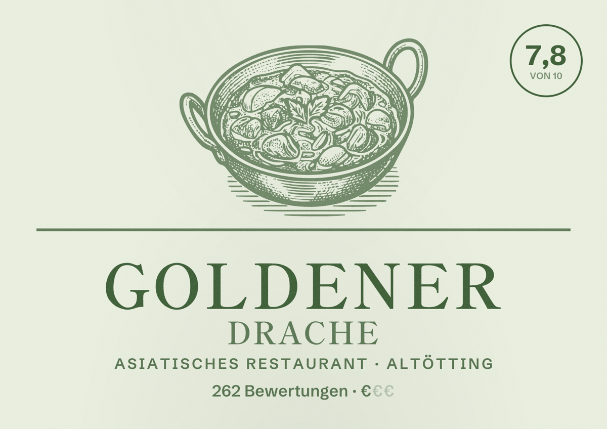 Illustriertes Poster von Goldener Drache, Asiatisches Restaurant in Altötting: Bewertung 7,8 von 10 aus 262 Bewertungen, Preisniveau €