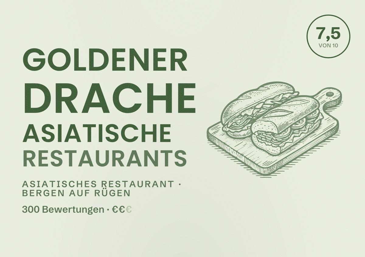 Illustriertes Poster von Goldener Drache Asiatische Restaurants, Asiatisches Restaurant in Bergen auf Rügen: Bewertung 7,5 von 10 aus 300 Bewertungen, Preisniveau €€
