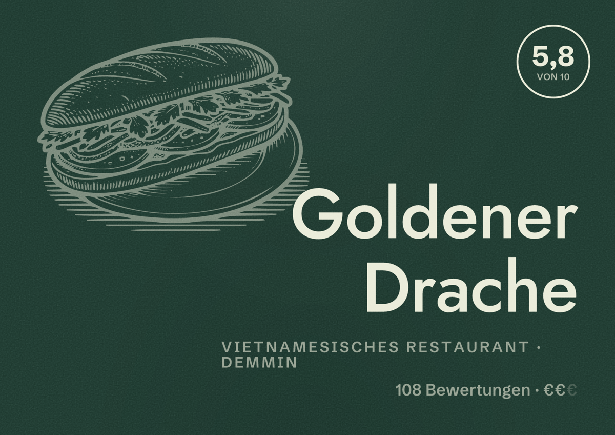 Illustriertes Poster von Goldener Drache, Vietnamesisches Restaurant in Demmin: Bewertung 5,8 von 10 aus 108 Bewertungen, Preisniveau €€